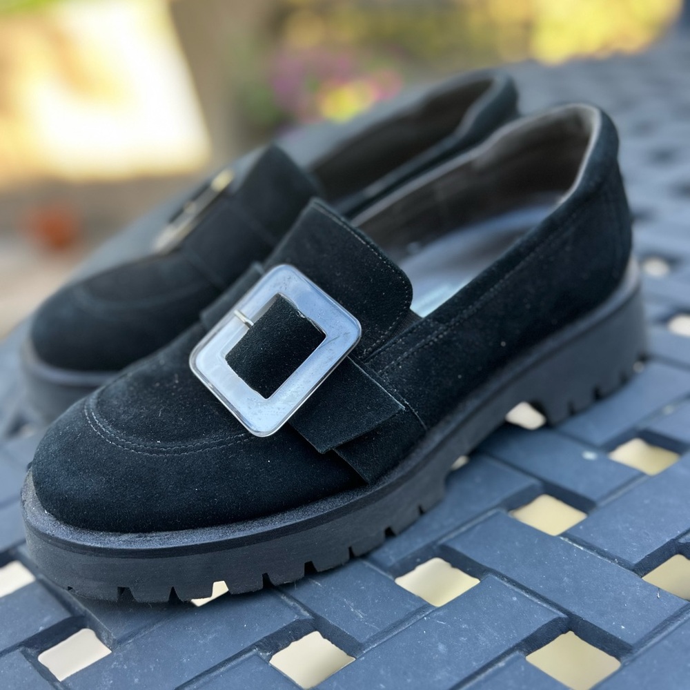 Softwaves Black Suede Chunky Lug Sole Loafers Oversized Buckle Platform